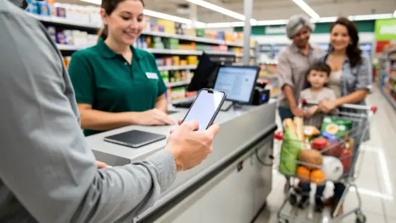 Eine Kundin hält an einer hellen Lebensmittelkasse ein unbeschriftetes Smartphone an eine neutrale Bezahlfläche.