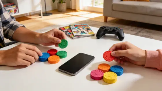 Zwei Freunde vergleichen bunte unbeschriftete Prämienmarken neben Comics und Spielzubehör in einem hellen Wohnzimmer.