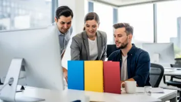 Zwei Entwickler und eine Testingenieurin ordnen drei verschiedenfarbige unbeschriftete Aufgabenmappen.