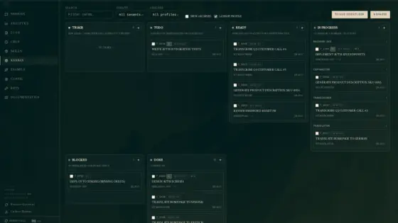 Hermes Kanban mit Triage, Todo, Ready und laufenden Bot-Aufgaben
