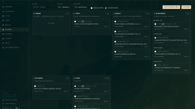 Hermes Kanban mit Triage, Todo, Ready und laufenden Bot-Aufgaben