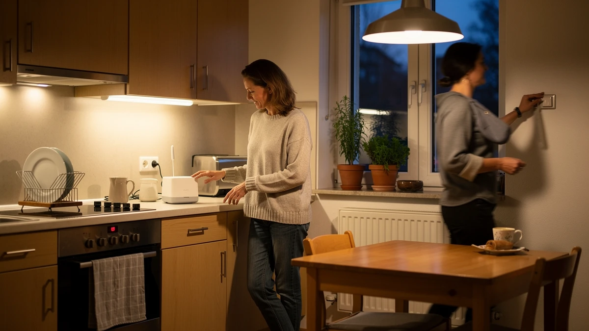 Zwei Erwachsene prüfen in einer Wohnung ruhig eine Smart-Home-Änderung.