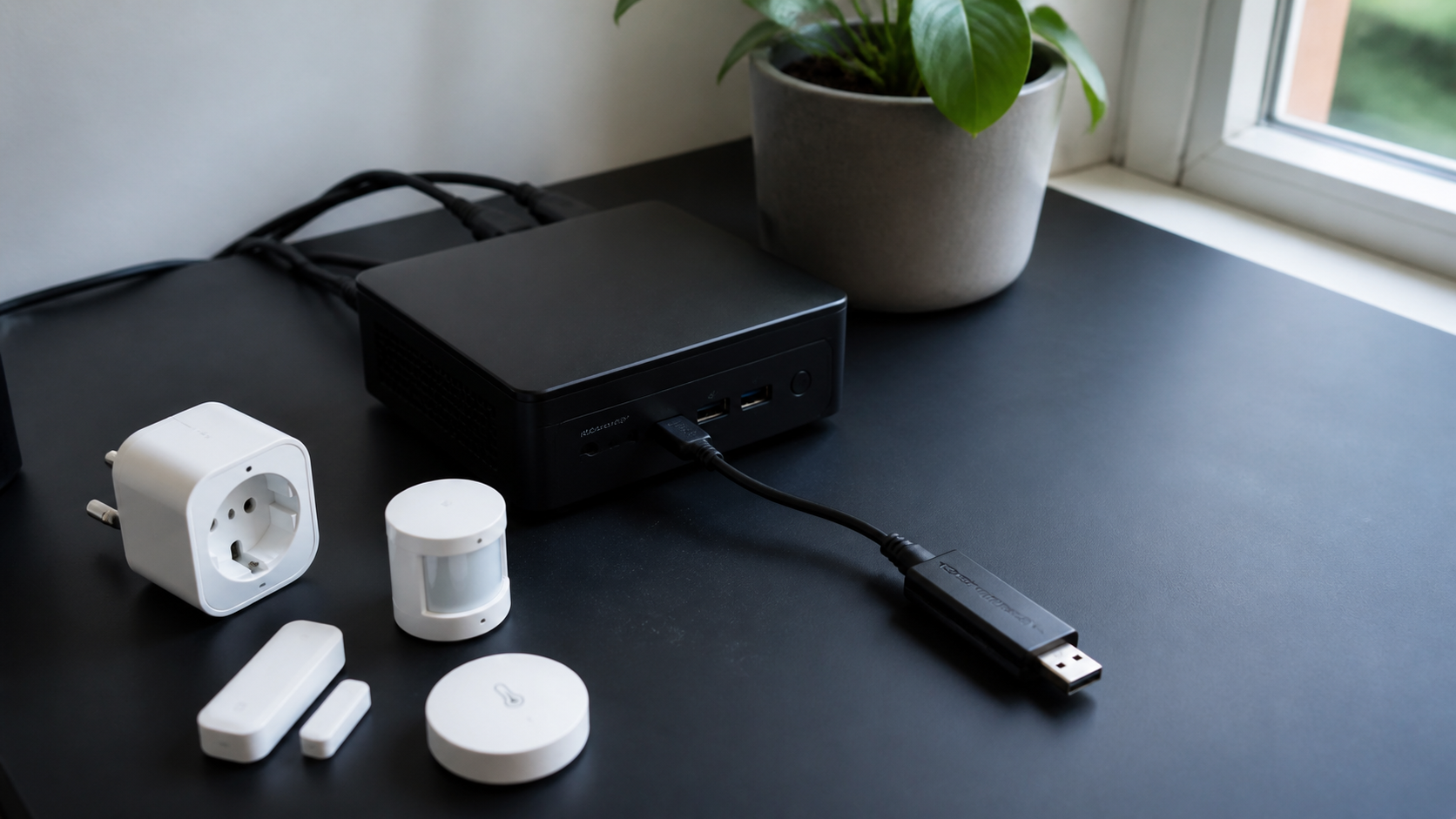 Zigbee Coordinator mit Home Assistant und Sensoren auf einem Schreibtisch