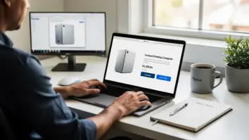 Eine Person vergleicht am heimischen Schreibtisch eine kompakte Desktop-Konfiguration im Store.