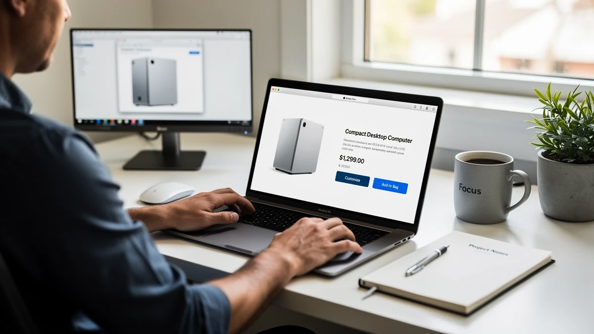 Eine Person vergleicht am heimischen Schreibtisch eine kompakte Desktop-Konfiguration im Store.