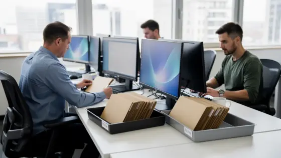 Drei Sicherheitsfachleute sortieren unbeschriftete Patchmappen in dringende und reguläre Ablagen.