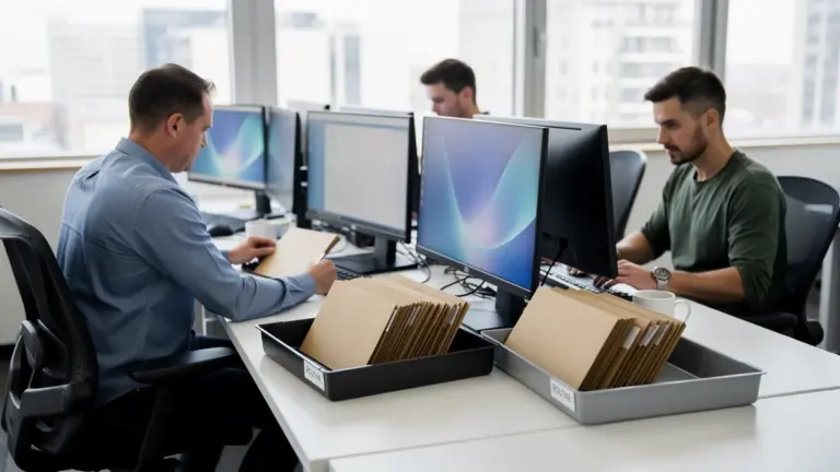 Drei Sicherheitsfachleute sortieren unbeschriftete Patchmappen in dringende und reguläre Ablagen.