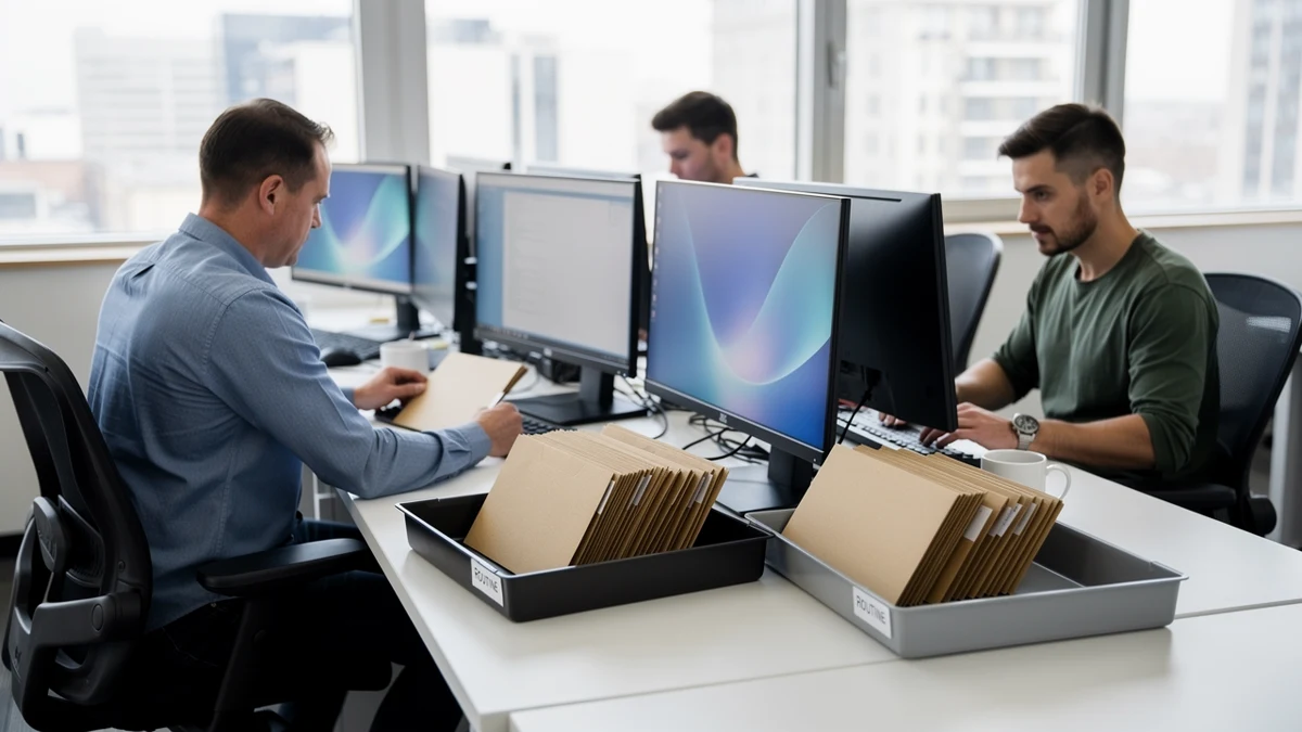 Drei Sicherheitsfachleute sortieren unbeschriftete Patchmappen in dringende und reguläre Ablagen.