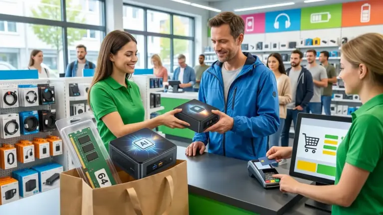 Mini-PC, Ollama, RAM – Mini-PC auf einer Werkbank mit RAM-Modul für lokale KI