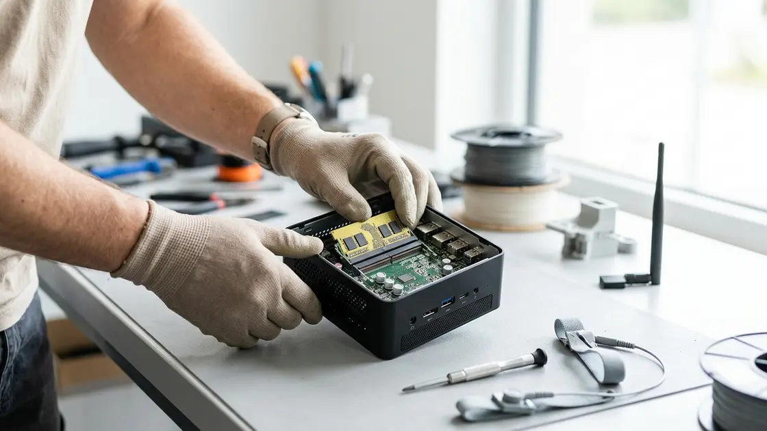 Person richtet lokale KI-Runtime auf einem Mini-PC im Wohnzimmer ein
