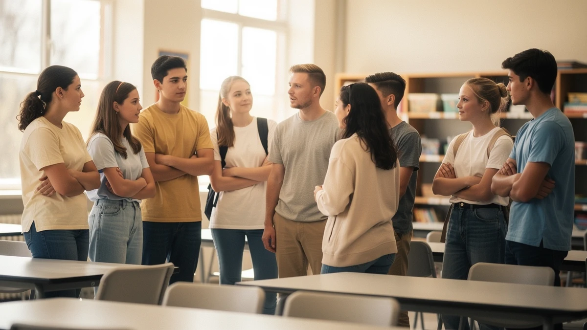 Jugendliche diskutieren KI-Unterricht im Klassenraum