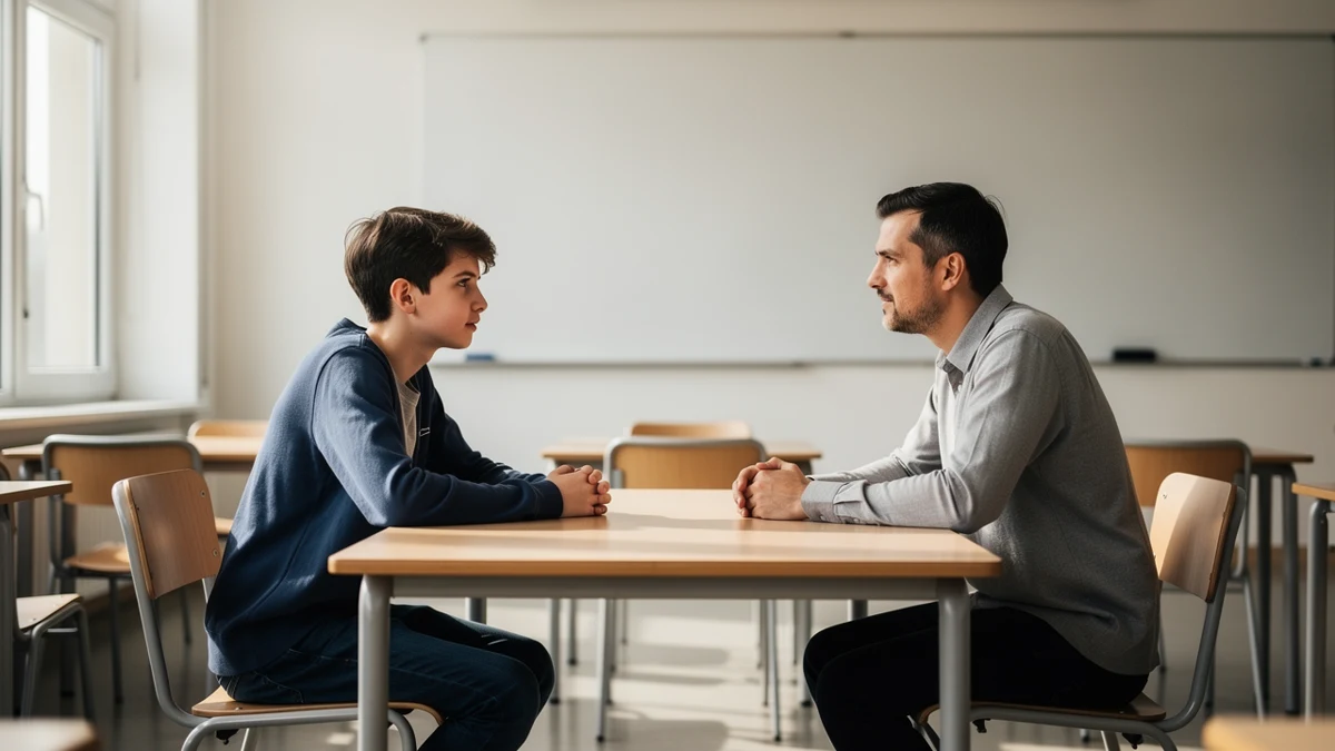 Schüler und Lehrer im Gespräch über KI-Unterricht