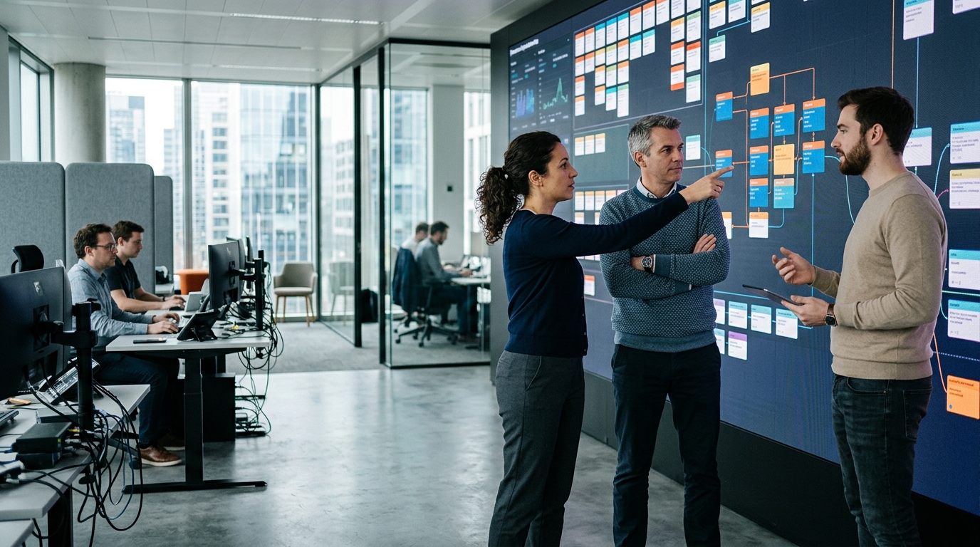 OpenClaw Agenten: Team koordiniert Aufgaben an einem Workflow-Board