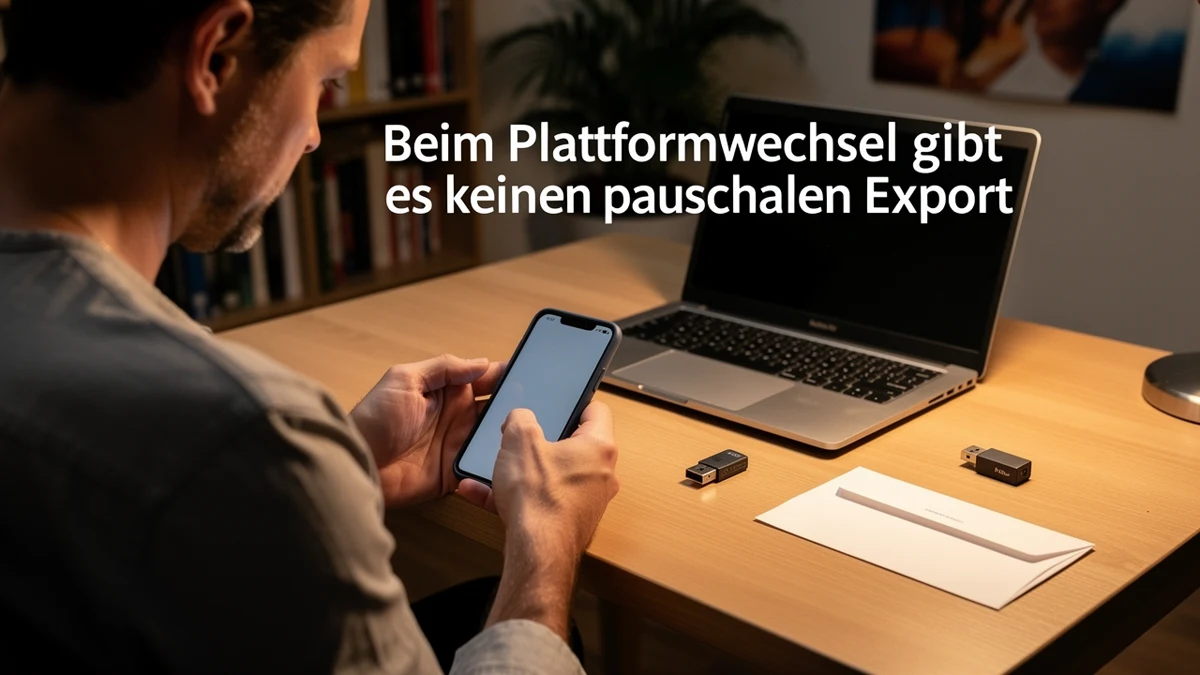 Person prüft vor einem Plattformwechsel die Kontowiederherstellung an Smartphone, Laptop und Sicherheitsschlüssel