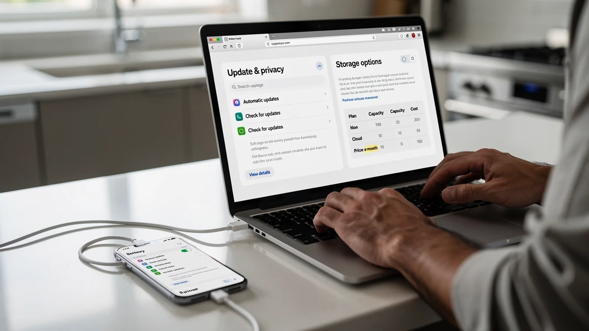 Eine Person lädt ein Smartphone und prüft daneben Update-Informationen am Laptop.