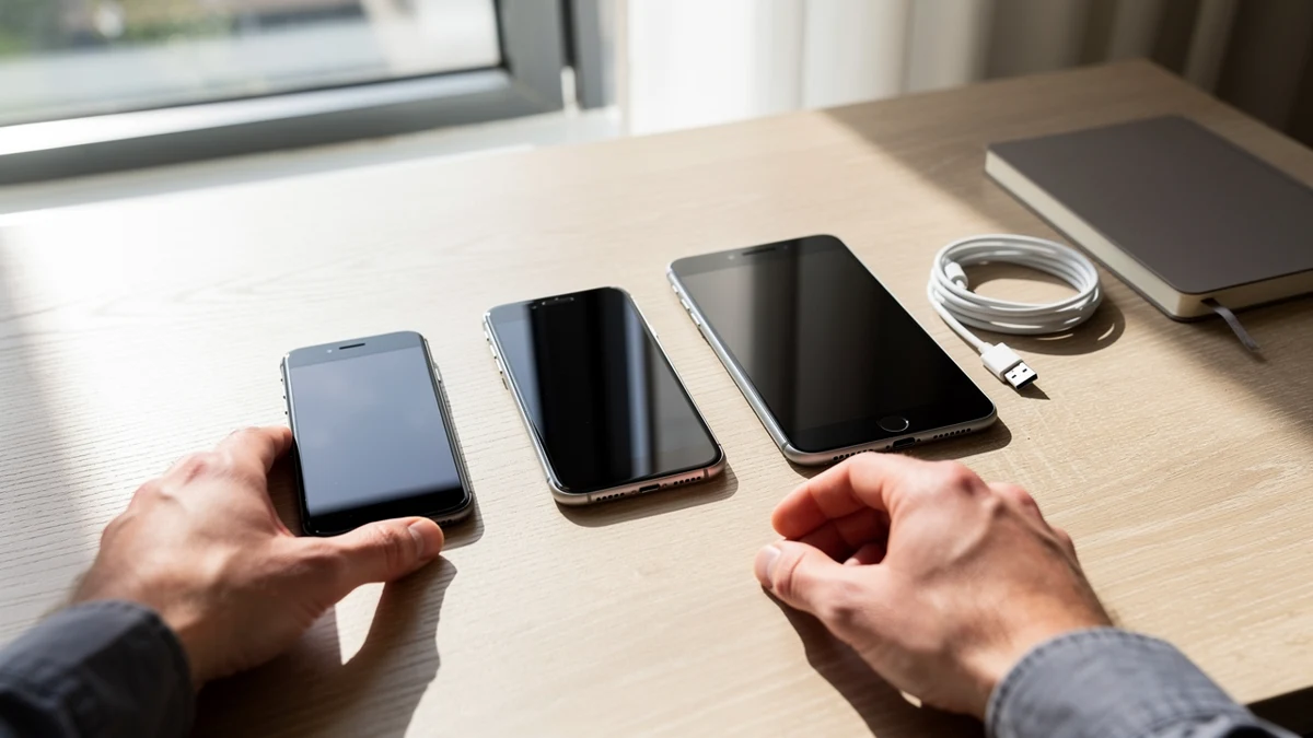 Eine Person vergleicht zuhause drei Smartphone-Größen neben Ladekabel und Notizbuch.