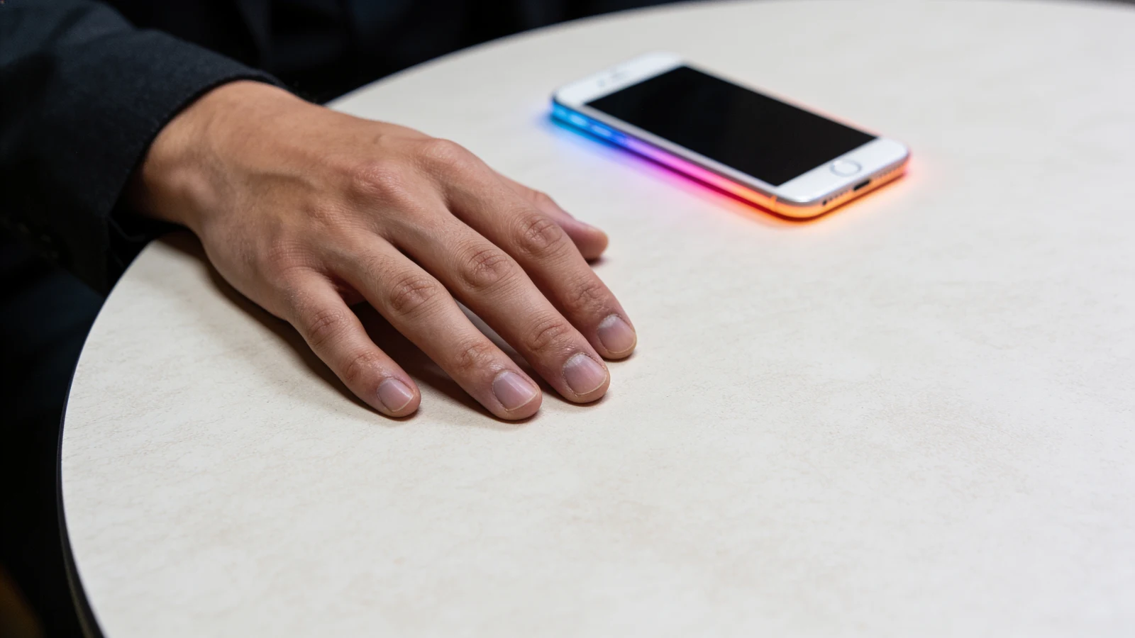 Eine Hand bleibt im Gespräch am Tisch, während ein umgedrehtes Smartphone dezent am Rand leuchtet.