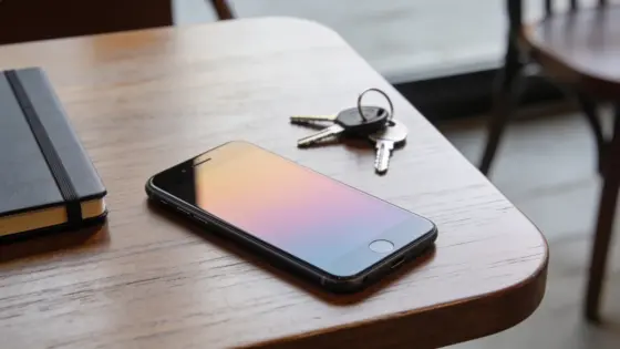 Ein umgedrehtes Smartphone wirft einen sanften Farbring auf einen ruhigen Tisch neben Schlüssel und geschlossenem Notizbuch.
