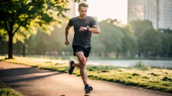 Eine laufende Person blickt im Park auf die Trainingsanzeige einer Smartwatch.