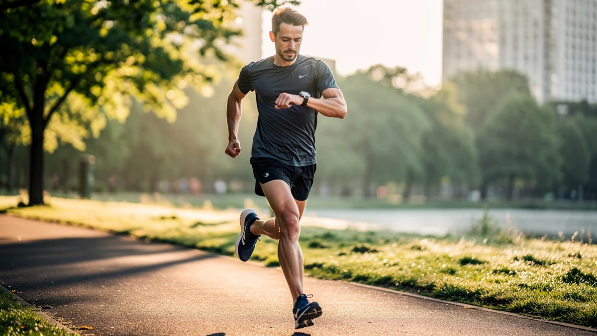 Eine laufende Person blickt im Park auf die Trainingsanzeige einer Smartwatch.
