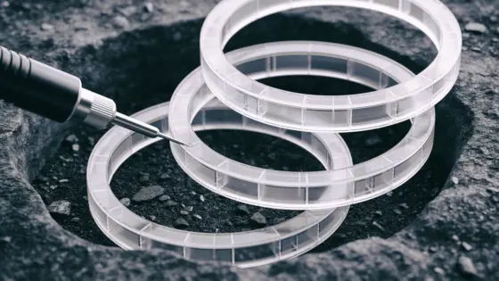 Drei transparente Schema-Ringe liegen in einem Basalt-Sandkasten und werden mit einem Präzisionswerkzeug geprüft.