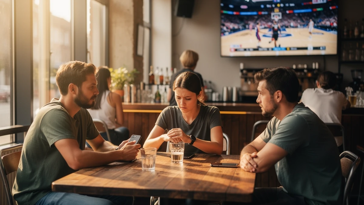 Eine Frau prüft in einer Hamburger Sportbar die Uhrzeit, während im Hintergrund ein Basketballspiel läuft.
