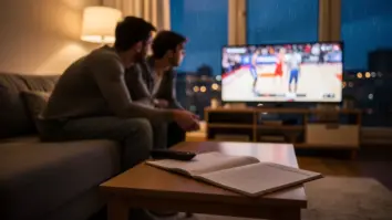 Zwei Erwachsene verfolgen an einem Berliner Abend eine Sportübertragung und prüfen ihren Streaming-Abend.