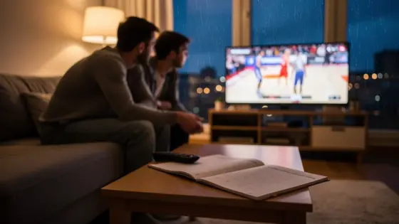 Zwei Erwachsene verfolgen an einem Berliner Abend eine Sportübertragung und prüfen ihren Streaming-Abend.