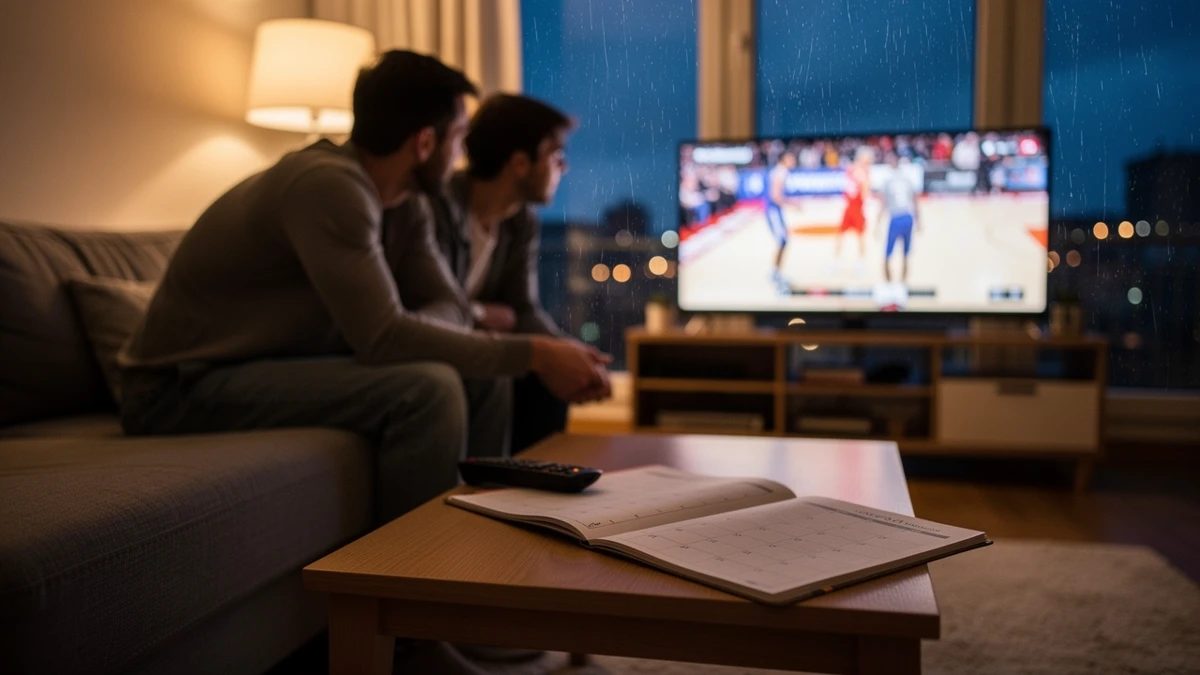 Zwei Erwachsene verfolgen an einem Berliner Abend eine Sportübertragung und prüfen ihren Streaming-Abend.