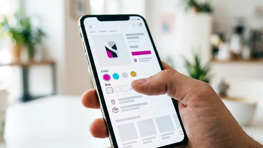 Smartphone zeigt Produktseite mit Varianten-Auswahl und Lieferinfo im Onlineshop
