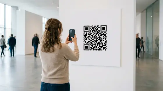 QR-Code scannen auf iPhone und Android in einer Ausstellungshalle
