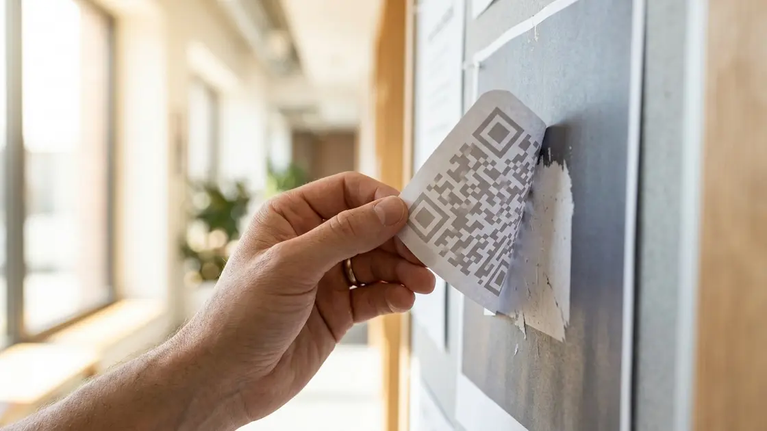 Quishing, Aushang, QR-Code – Person entdeckt manipulierten QR-Code auf Büro-Aushang beim Quishing-Versuch