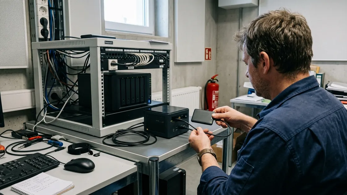 Restic Backup: Administrator verbindet externen Speicher mit einem Serverrack (Symbolbild)