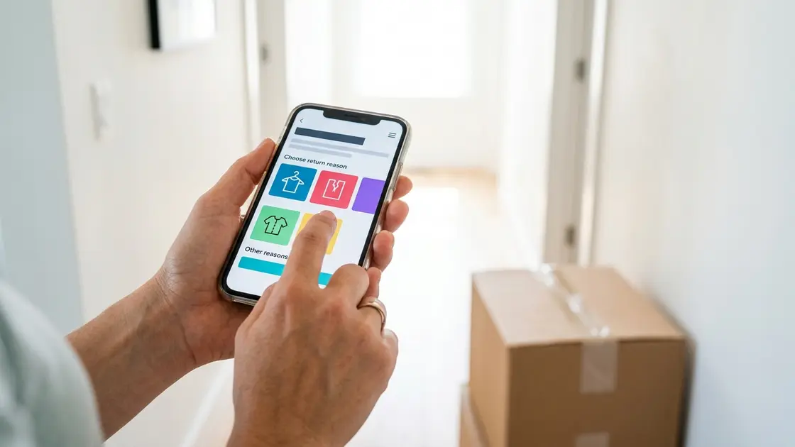 Kundin wählt Retourengrund im digitalen Retourenportal auf dem Smartphone