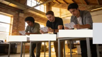 Drei Entwickler vergleichen unbeschriftete Modellkarten an getrennten Arbeitsplätzen für verschiedene Optimierungsziele.