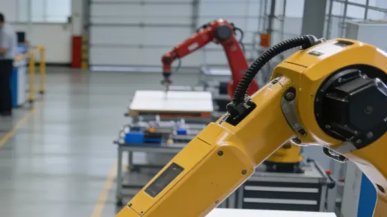 Spezialisierte Roboterassistenten an Arbeitsstationen als Symbol für Salesforce-Agentforce-Nutzung