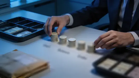Eine Analystin gleicht fünf Gruppen unbeschrifteter Saldenmarken zwischen Anfangs- und Endablage ab.