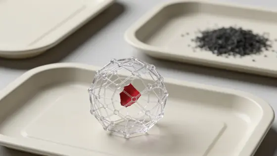 Ein rotes fehlerhaftes Fragment durchstößt ein transparentes Berechnungsnetz, während saubere Bauteile getrennt bereitliegen.