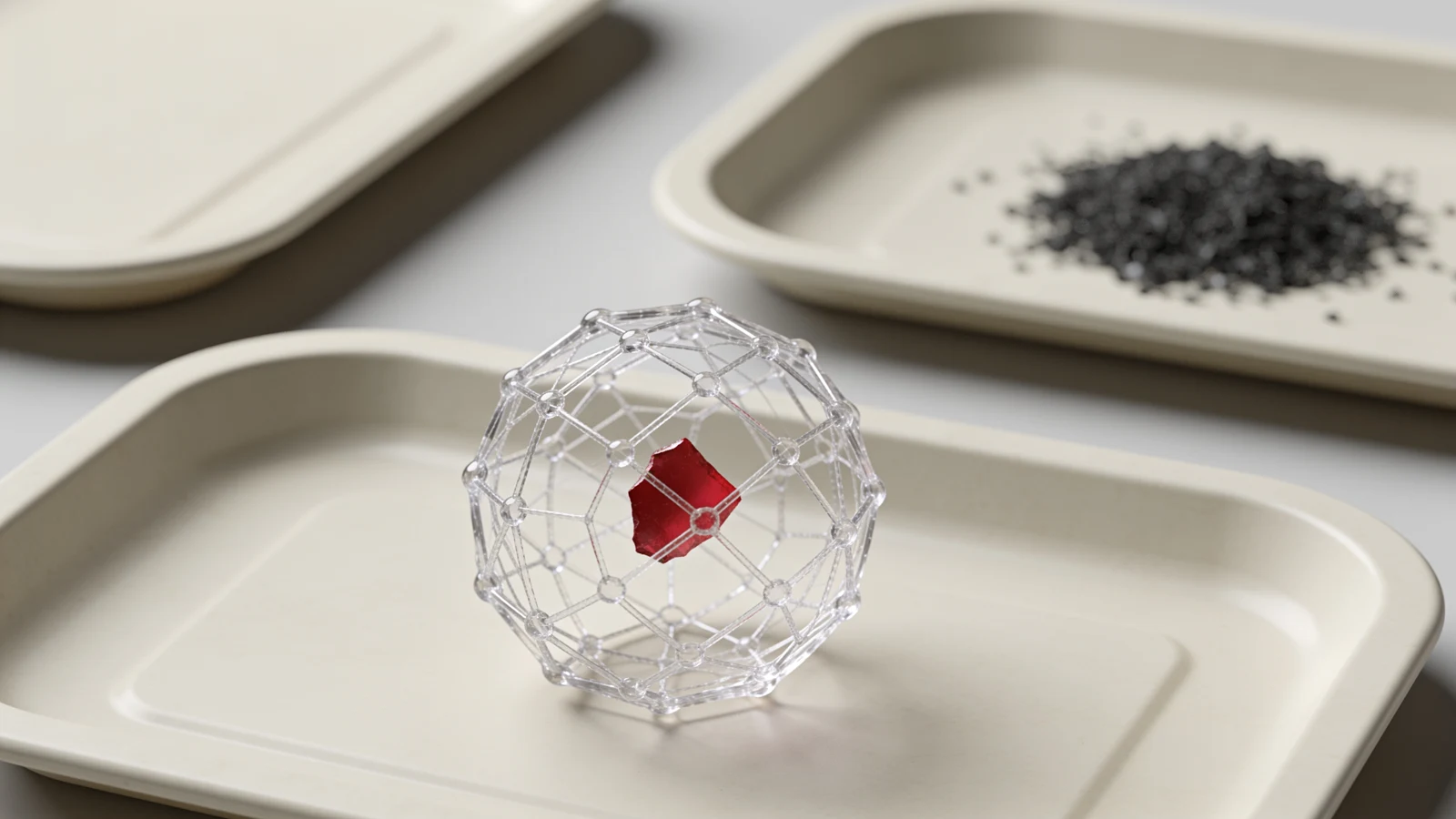 Ein rotes fehlerhaftes Fragment durchstößt ein transparentes Berechnungsnetz, während saubere Bauteile getrennt bereitliegen.