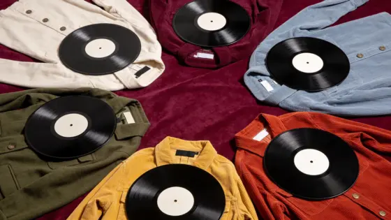 Sechs unterschiedliche Vintage-Kleidungsstücke liegen jeweils neben einer unbeschrifteten Schallplatte auf pflaumenfarbenem Stoff.