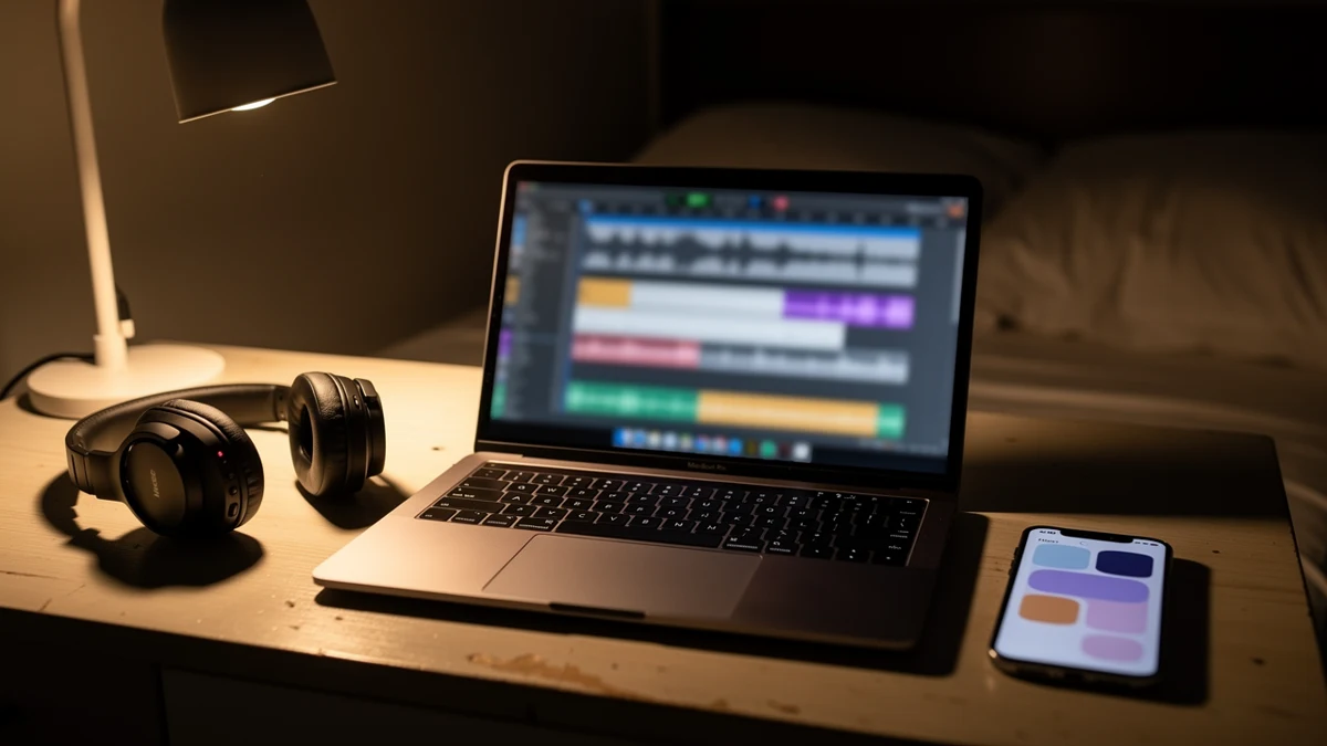 Kopfhörer liegen neben einem Laptop und einem Smartphone mit Musikansicht auf einem Schreibtisch.