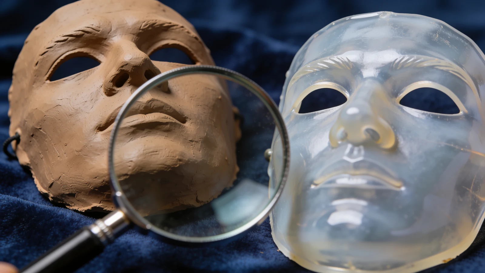 Eine Tonmaske und eine transparente Kunstharzmaske liegen hinter einer klaren Prüflinse.