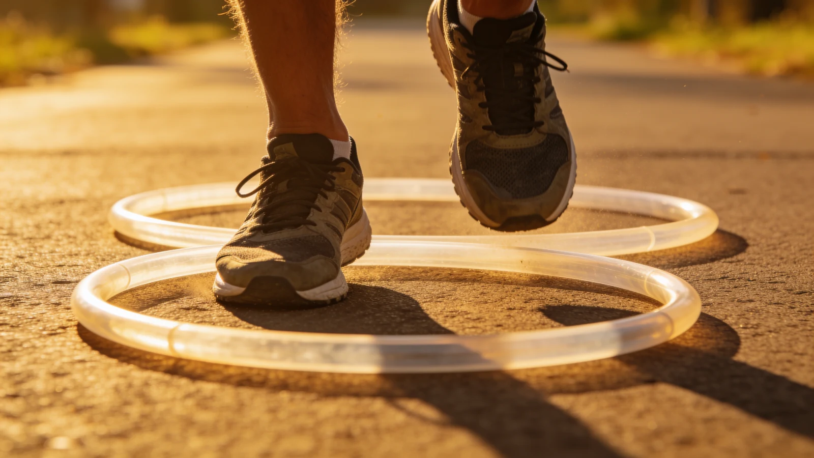 Laufschuhe treten auf transparente Ringe, deren Abstand sich mit jedem Schritt verändert.