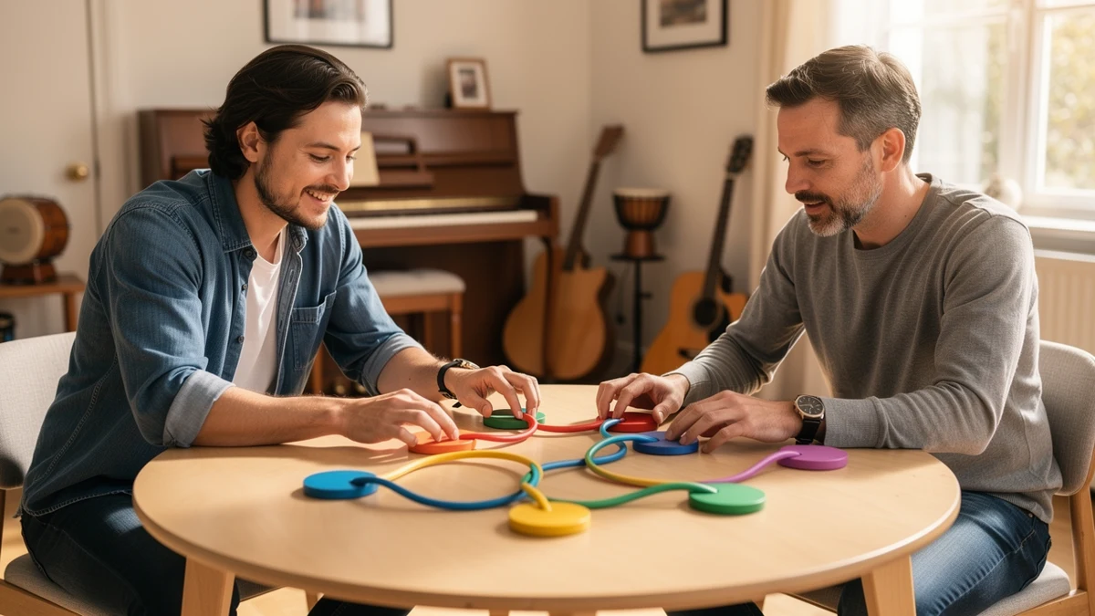 Eine Hörerin und ein Musikdozent ordnen farbige, unbeschriftete Albumformen neben Kopfhörern.