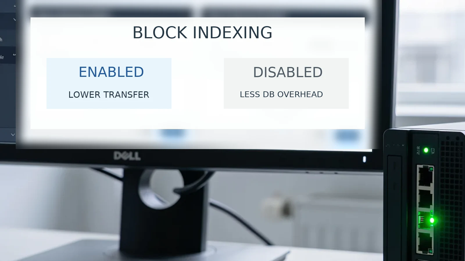Syncthing-Blockindizierung im Vergleich zwischen Transfermenge und Datenbankaufwand.