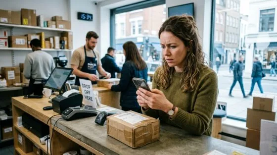 Vinted Paket verloren: Person prüft eine vermisste Sendung im Paketshop