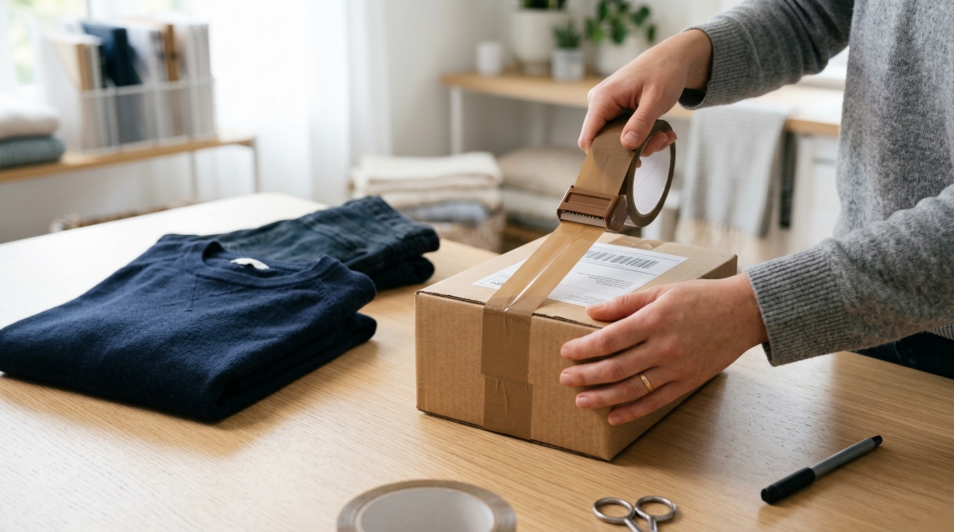 Vinted Versand: Paketlabel sauber auf einem Paket befestigen