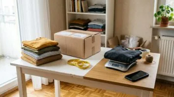 Vinted Versand mit Kleidung, Paket und Waage vorbereiten