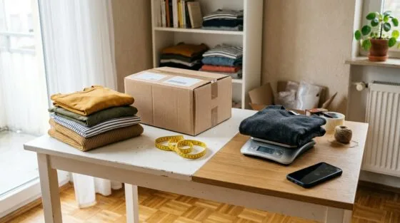 Vinted Versand mit Kleidung, Paket und Waage vorbereiten