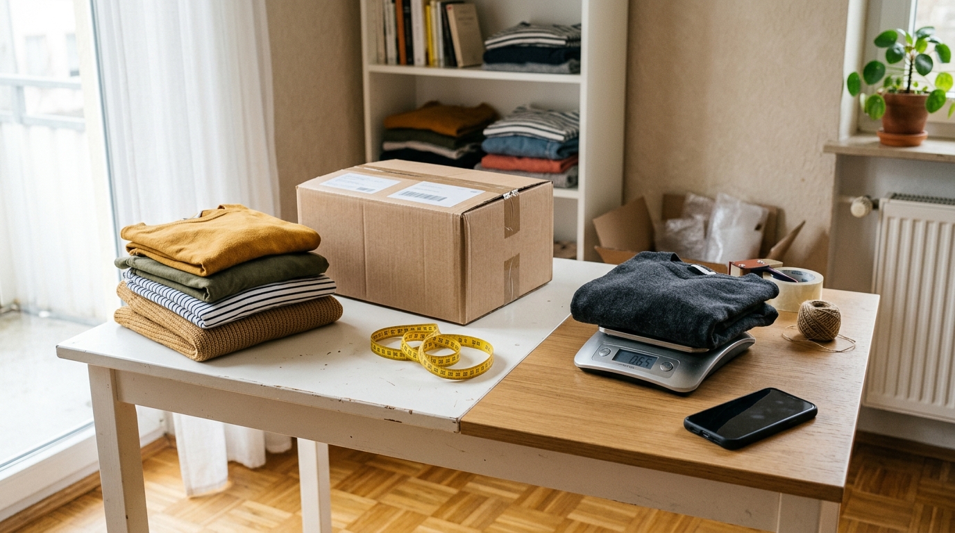Vinted Versand mit Kleidung, Paket und Waage vorbereiten
